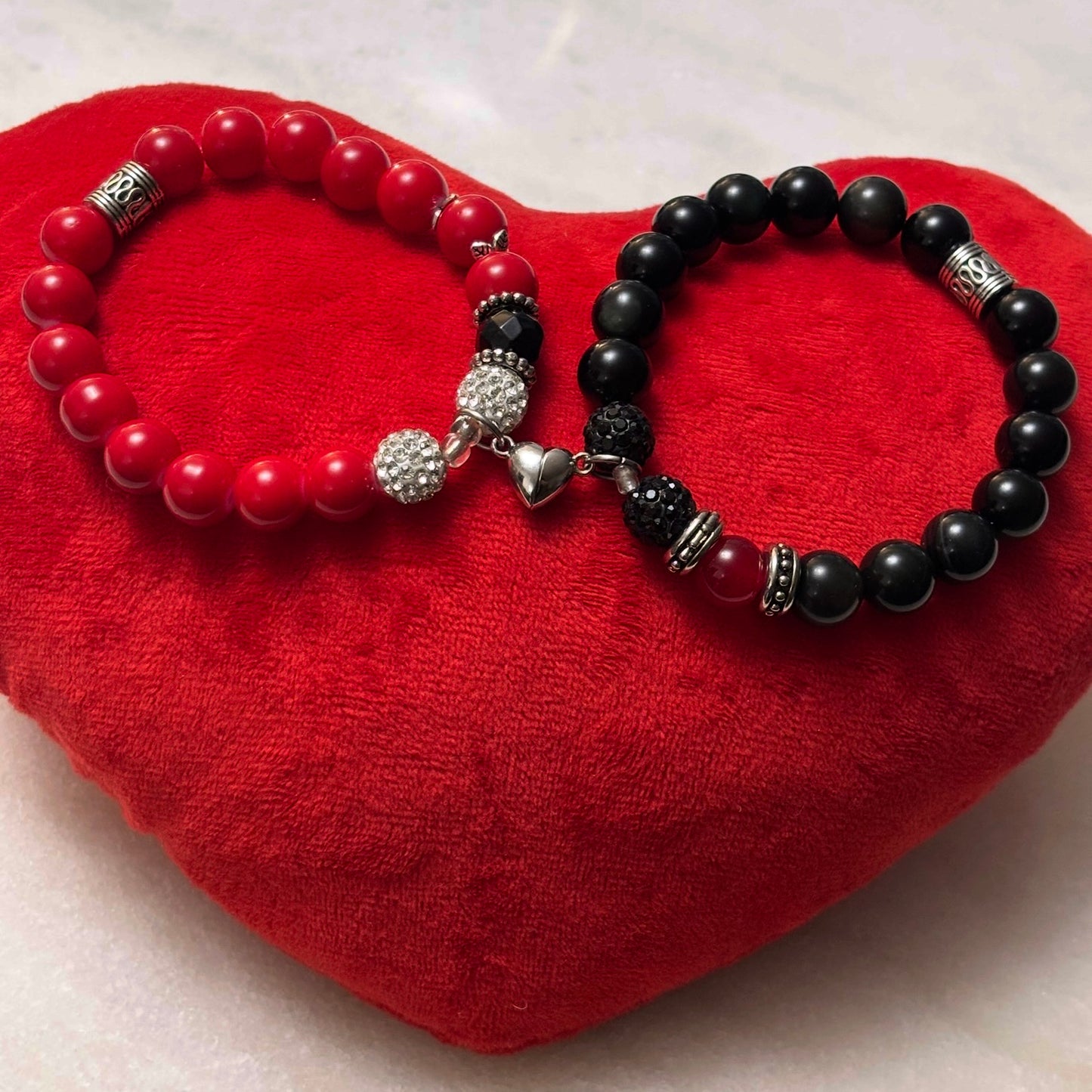 His & Hers Red and Black Couple Bracelet Set