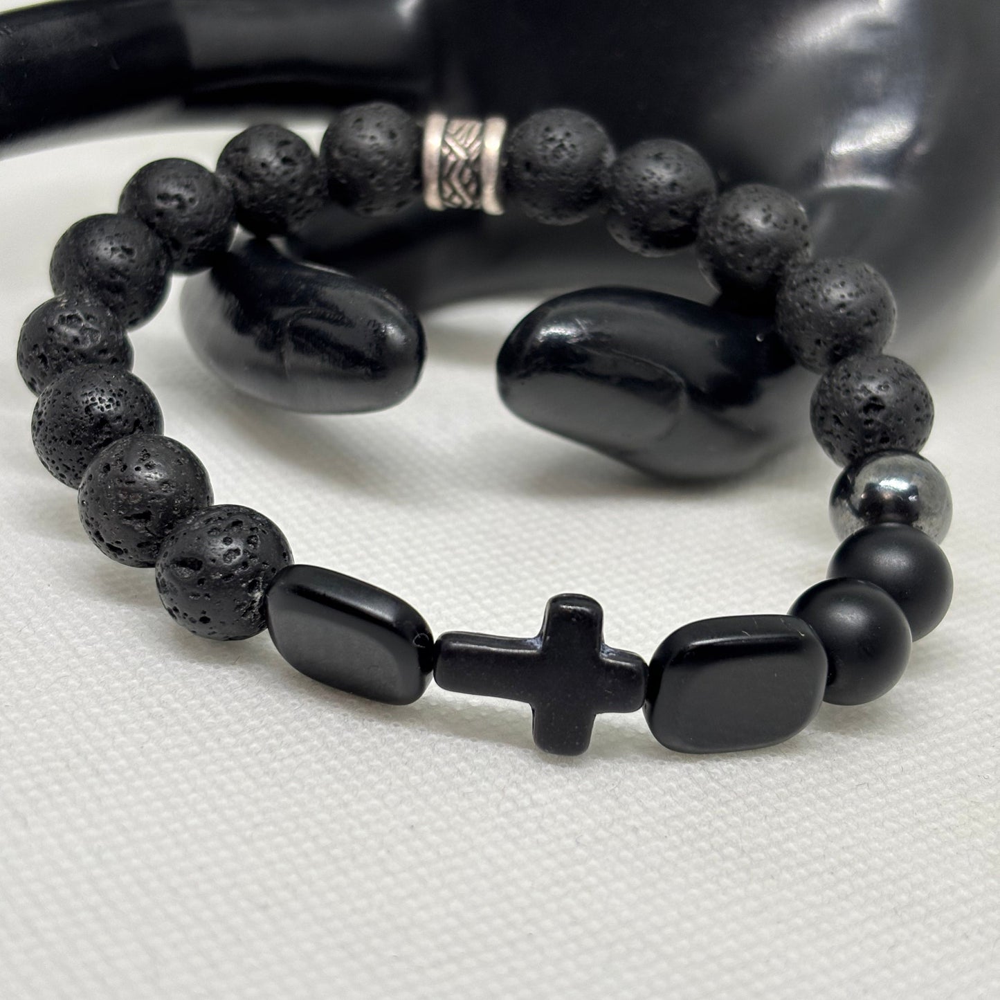 Men’s/Unisex Black Beaded Cross Bracelet