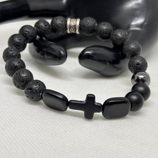 Men’s/Unisex Black Beaded Cross Bracelet