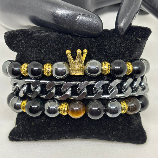 Men's Beaded Bracelet King Crown Stack