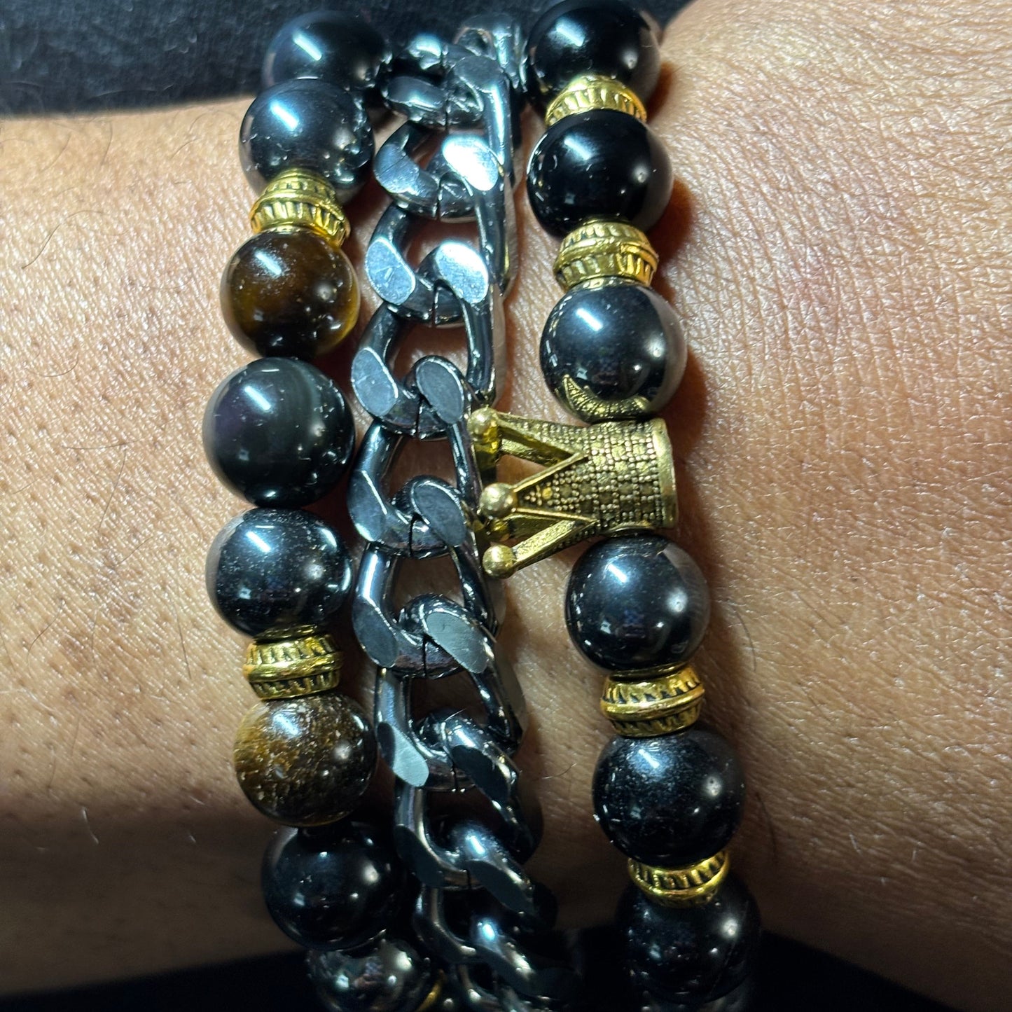 Men's Beaded Bracelet King Crown Stack